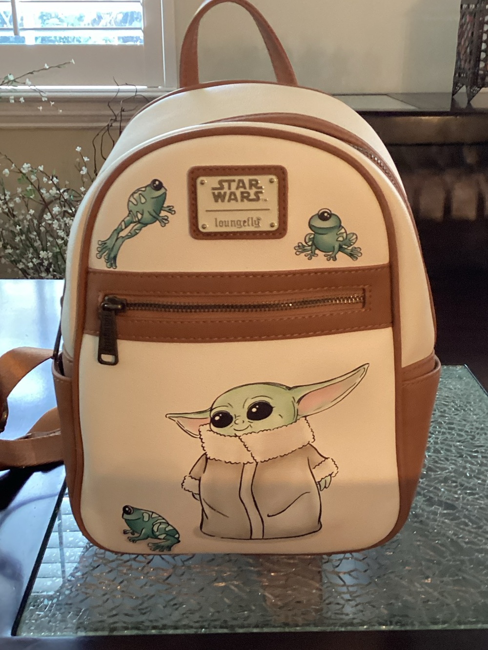 Disney Loungefly Cream & Tan The Child Mini Backpack with Frog Accents